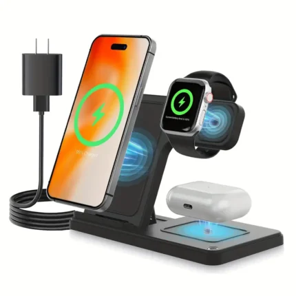HOME Portable 3 In 1 Fast Wireless Charger, 15W Mag-Safe Foldable Wireless Charging Station Suitable For iPhone 15 14 Pro Max 13 12 11, For iWatch 9 8 7 6 5 4 3 2 Se, For Airpods 3 2 Pro Multiple Devices